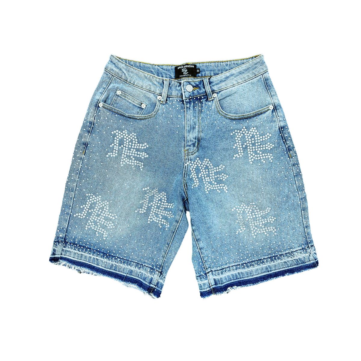 Mixed Emotion 'ME' Rhinestone Denim Blue Shorts