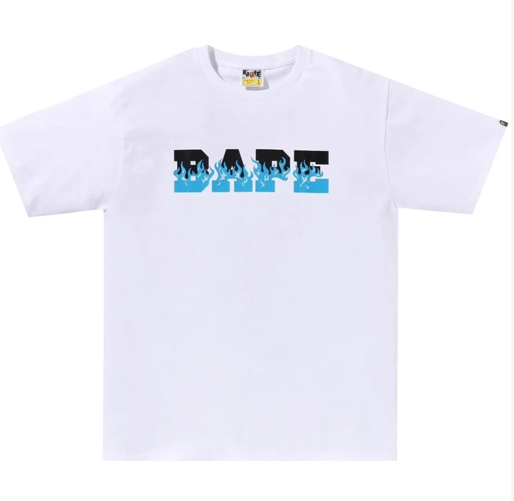 Bape White And Blue Flame Logo Tee