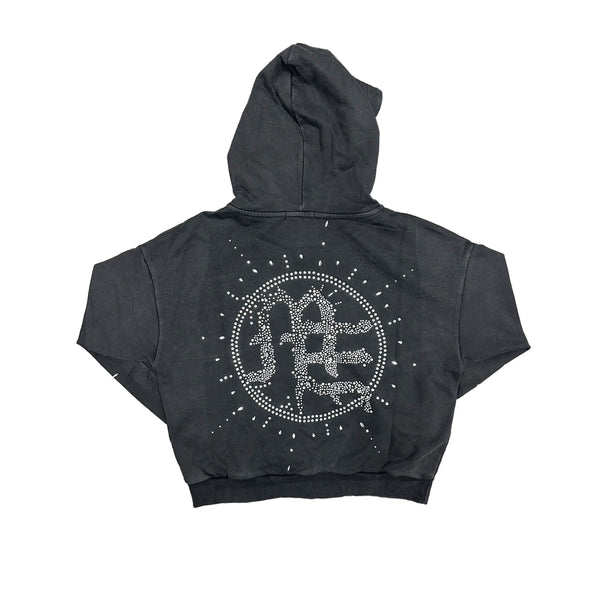 Mixed Emotion Eclipse’ Grey Acid Wash Rhinestone Hoodie