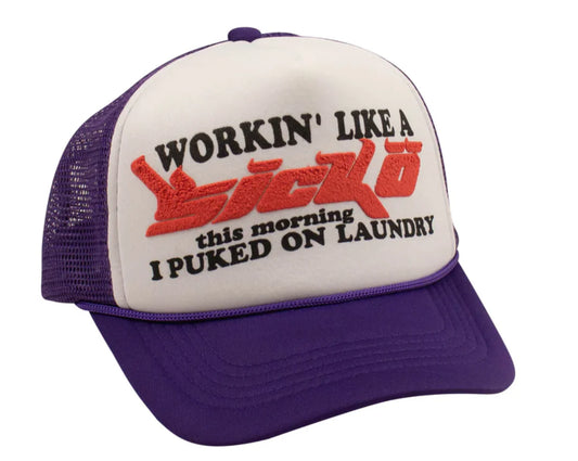 SICKO PURPLE & WHITE WORKING LIKE A SICKO TRUCKER HAT