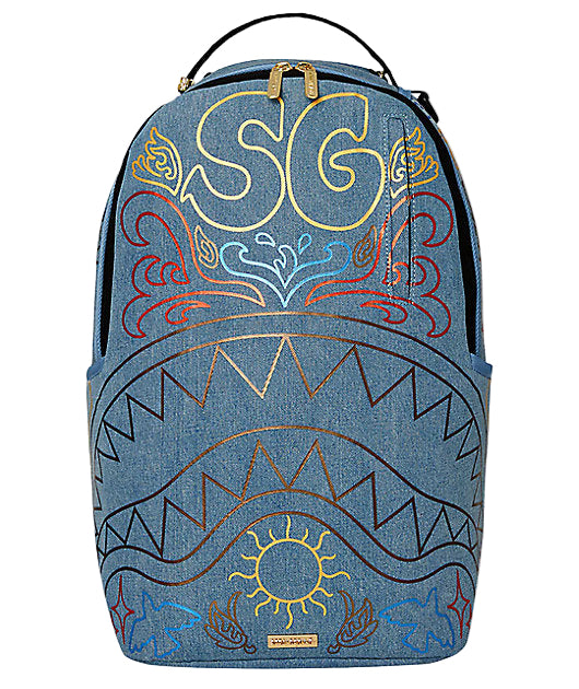 SPRAYGROUND METALLIC PRINTED DENIM SHARK DLXSV BACKPACK